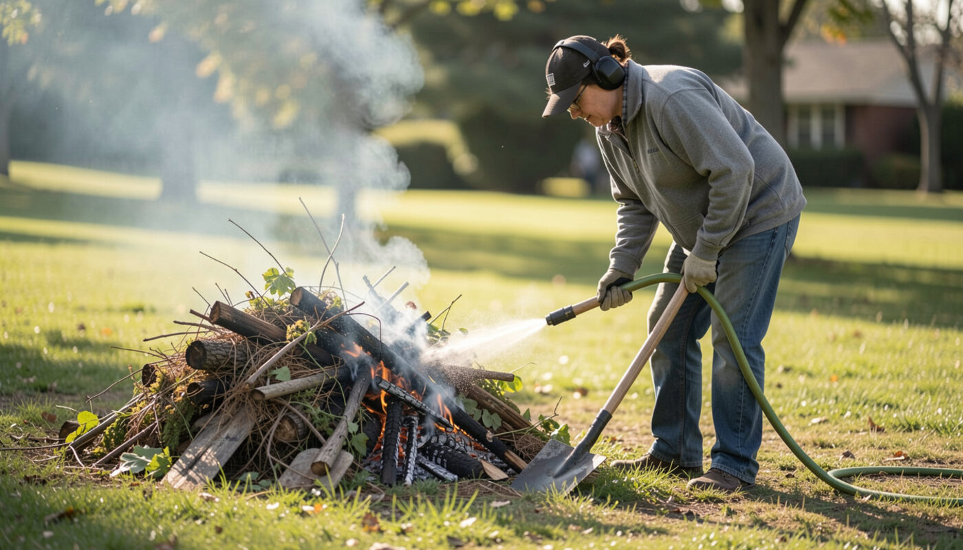 A resident tending a small supervised yard debris pile burn with a garden hose and shovel nearby in morning light.