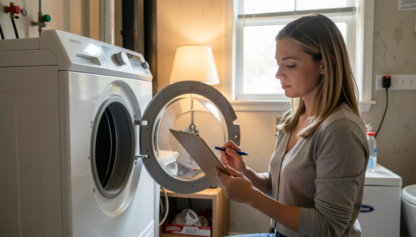 A woman with a clipboard checking the lint screen of a dryer in a utility room with warm lamplight.