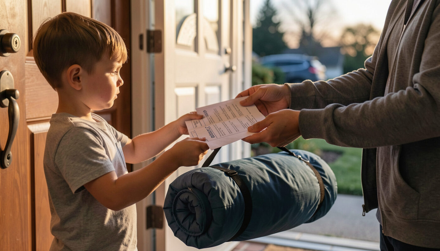 A child handing a folded paper checklist and a rolled sleeping bag to a parent at a front door in evening light.