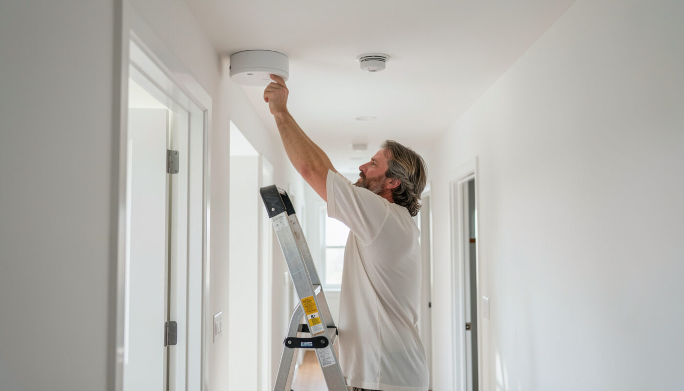 A homeowner on a stepladder pressing the test button on a white ceiling smoke alarm in a bright hallway.